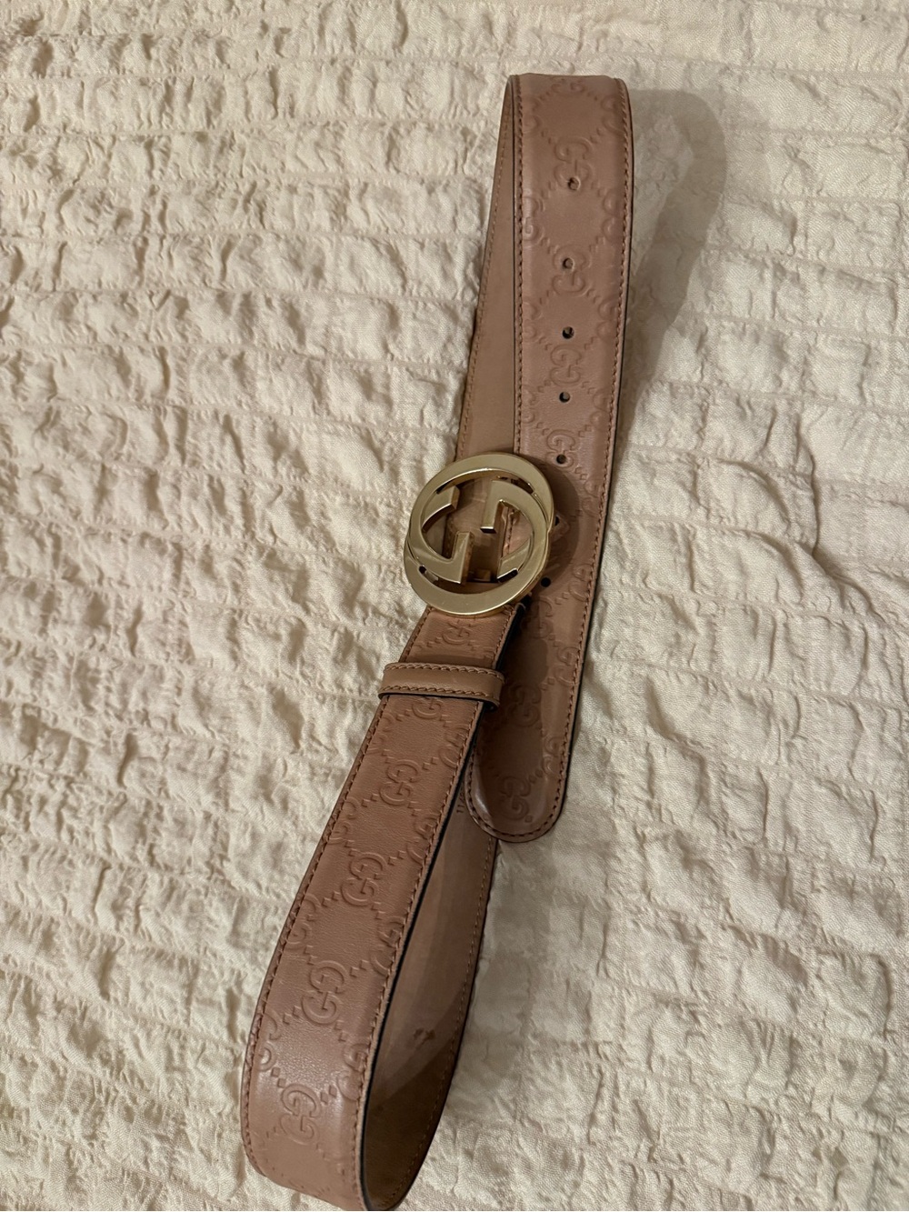 Gucci Tan-Cream Leather Belt with Gold Interlocking G Buckle
